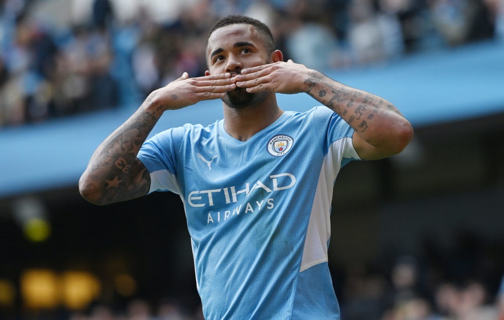 MANCHESTER, ENGLAND: Gabriel Jesus of Manchester City celebrates after scoring their team's fifth goal during the Premier League match between Manchester City and Watford at Etihad Stadium on April 23, 2022. (Photo by Gareth Copley/Getty Images,)
