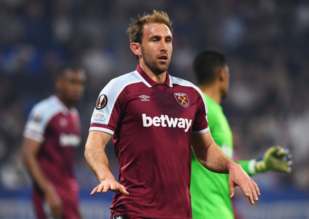 LYON, FRANCE: Craig Dawson of West Ham United reacts during the UEFA Europa League Quarter Final Leg Two match between Olympique Lyon and West Ham United at Parc Olympique on April 14, 2022. (Photo by Claudio Villa / Getty Images)