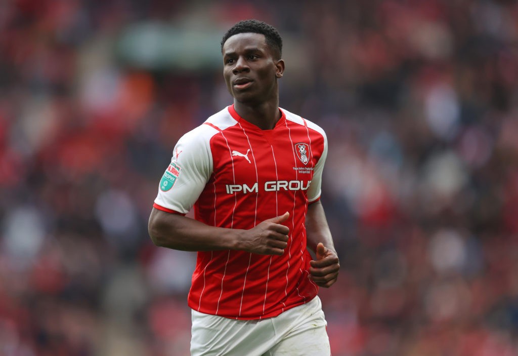 LONDON, ENGLAND - APRIL 03: Jordi Osei-Tutu of Rotherham United during the Papa John's Trophy Final between Rotherham United and Sutton United at Wembley Stadium on April 03, 2022 in London, England. (Photo by Catherine Ivill/Getty Images) (Photo by Catherine Ivill/Getty Images)