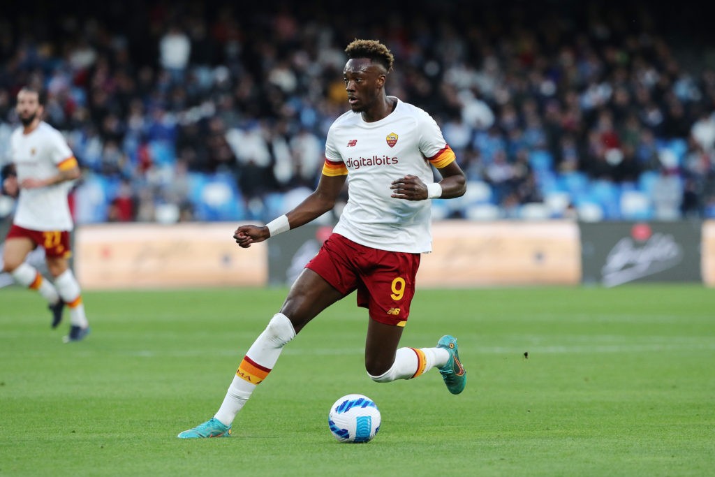 NAPLES, ITALY: Tammy Abraham of AS Roma during the Serie A match between SSC Napoli and AS Roma at Stadio Diego Armando Maradona on April 18, 2022. (Photo by Francesco Pecoraro/Getty Images)