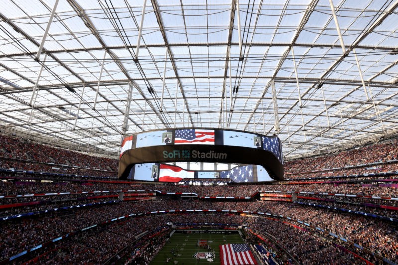 INGLEWOOD, CALIFORNIA - FEBRUARY 13: A general view of the national anthem during Super Bowl LVI at SoFi Stadium on February 13, 2022 in Inglewood, California. (Photo by Katelyn Mulcahy/Getty Images)