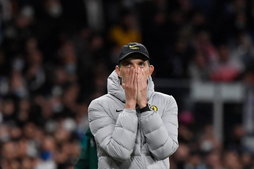 Chelsea's German coach Thomas Tuchel reacts during the UEFA Champions League quarter-final second leg football match between Real Madrid CF and Chelsea FC at the Santiago Bernabeu stadium in Madrid on April 12, 2022. (Photo by OSCAR DEL POZO/AFP via Getty Images)