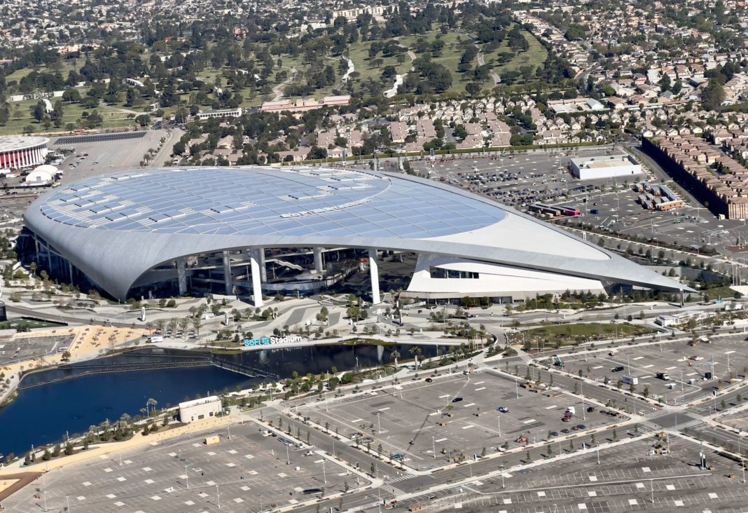 An aeriel view of SoFi Stadium in Inglewood, California, on February 19, 2022. (Photo by Daniel SLIM / AFP) (Photo by DANIEL SLIM/AFP via Getty Images)