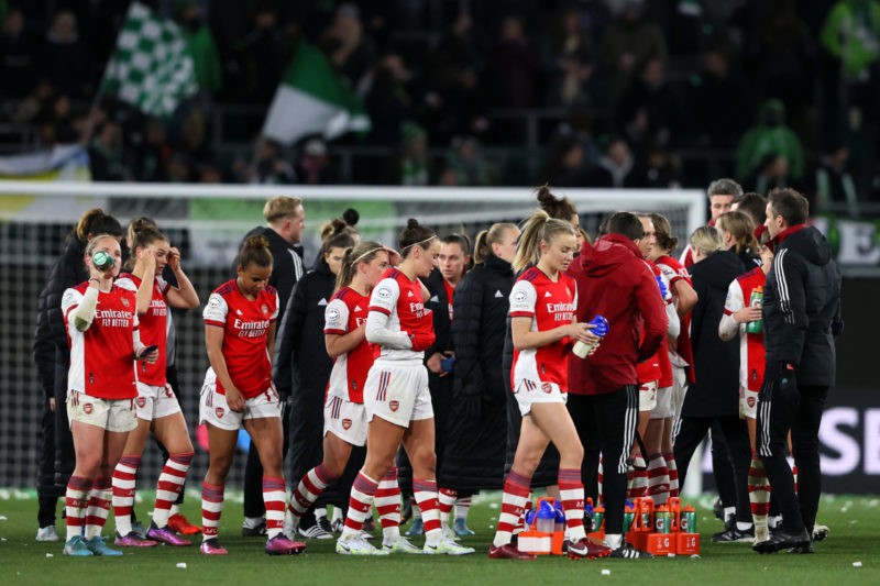 WOLFSBURG, GERMANY - MARCH 31: Players of Arsenal look dejected following their side's defeat in the UEFA Women's Champions League Quarter Final Second Leg match between VfL Wolfsburg and Arsenal WFC at VfL Wolfsburg Arena on March 31, 2022 in Wolfsburg, Germany. (Photo by Martin Rose/Getty Images)