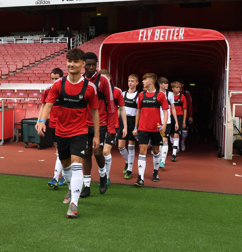 LONDON, ENGLAND: Aspiring young players preparing to play at the Emirates Stadium on May 24, 2022. (Photo by Stuart MacFarlane/Arsenal FC via Getty Images)