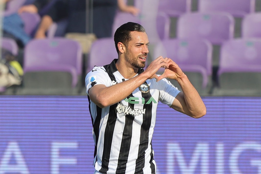 FLORENCE, ITALY - APRIL 27: Pablo Mari' of Udinese Calcio celebrates after scoring a goal during the Serie A match between ACF Fiorentina and Udinese Calcio at Stadio Artemio Franchi on April 27, 2022 in Florence, Italy. (Photo by Gabriele Maltinti/Getty Images)