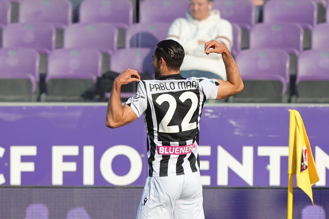 FLORENCE, ITALY: Pablo Mari' of Udinese Calcio celebrates after scoring a goal during the Serie A match between ACF Fiorentina and Udinese Calcio at Stadio Artemio Franchi on April 27, 2022. (Photo by Gabriele Maltinti/Getty Images)