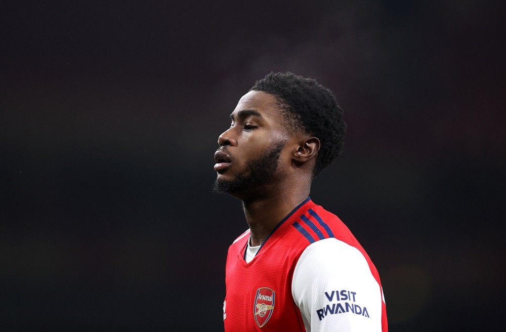 LONDON, ENGLAND: Ryan Alebiosu of Arsenal during the Papa John's Trophy match between Arsenal U21 and Chelsea U21 at Emirates Stadium on January 11, 2022. (Photo by Alex Pantling/Getty Images)
