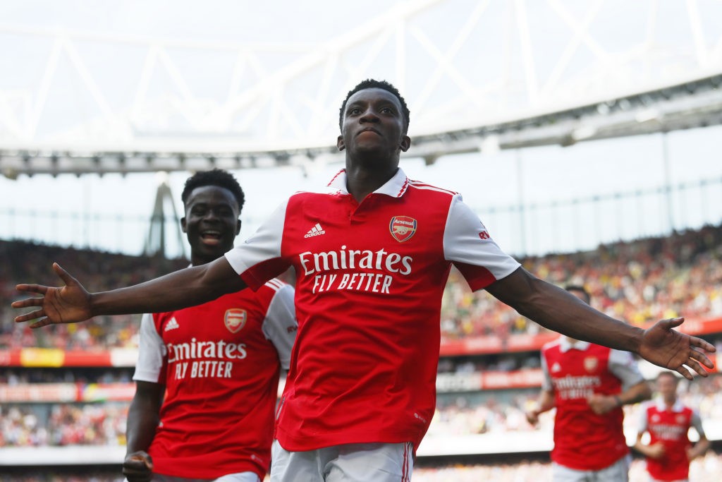 LONDON, ENGLAND: Eddie Nketiah of Arsenal celebrates after scoring their team's second goal during the Premier League match between Arsenal and Everton at Emirates Stadium on May 22, 2022. (Photo by Mike Hewitt/Getty Images)