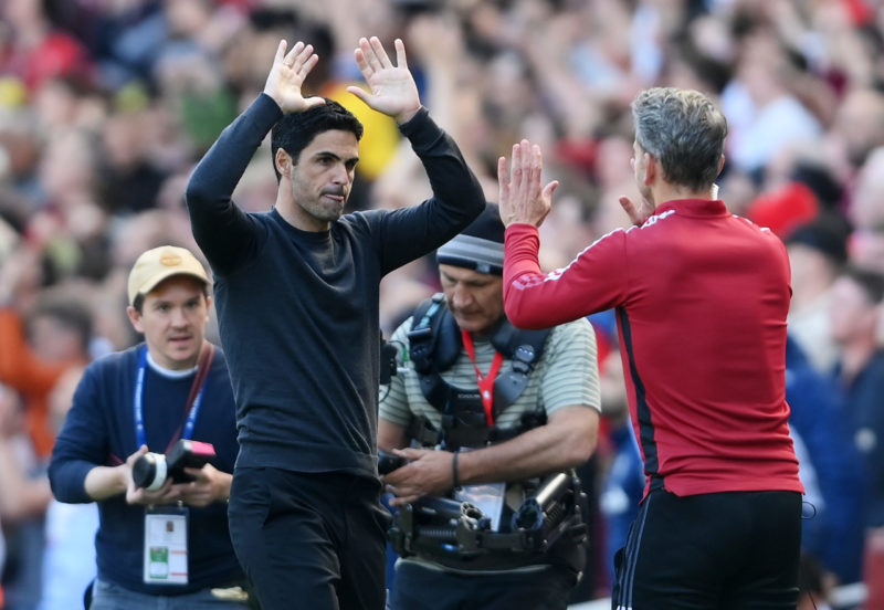 LONDON, ENGLAND - MAY 08: Mikel Arteta, Manager of Arsenal, celebrates their side's win after the final whistle of the Premier League match between Arsenal and Leeds United at Emirates Stadium on May 08, 2022 in London, England. (Photo by Mike Hewitt/Getty Images)