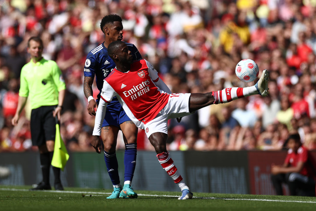 LONDON, ENGLAND - MAY 08: Junior Firpo of Leeds United marks Nicolas Pepe of Arsenal during the Premier League match between Arsenal and Leeds United at Emirates Stadium on May 08, 2022 in London, England. (Photo by Ryan Pierse/Getty Images)