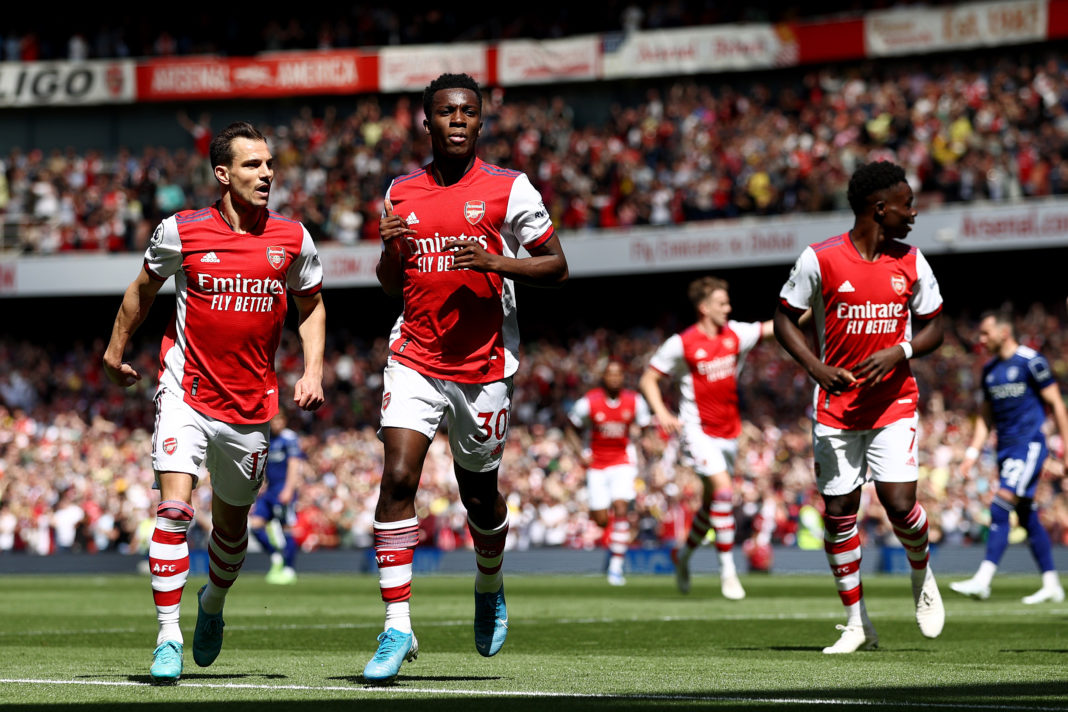 LONDON, ENGLAND: Eddie Nketiah of Arsenal celebrates scoring his side's second goal with teammates during the Premier League match between Arsenal and Leeds United at Emirates Stadium on May 08, 2022. (Photo by Ryan Pierse/Getty Images)