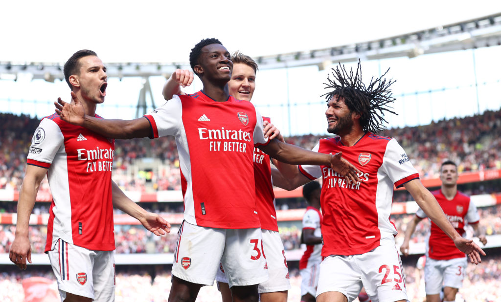 LONDON, ENGLAND: Eddie Nketiah of Arsenal celebrates scoring their side's second goal with teammates during the Premier League match between Arsenal and Leeds United at Emirates Stadium on May 08, 2022. (Photo by Ryan Pierse/Getty Images)