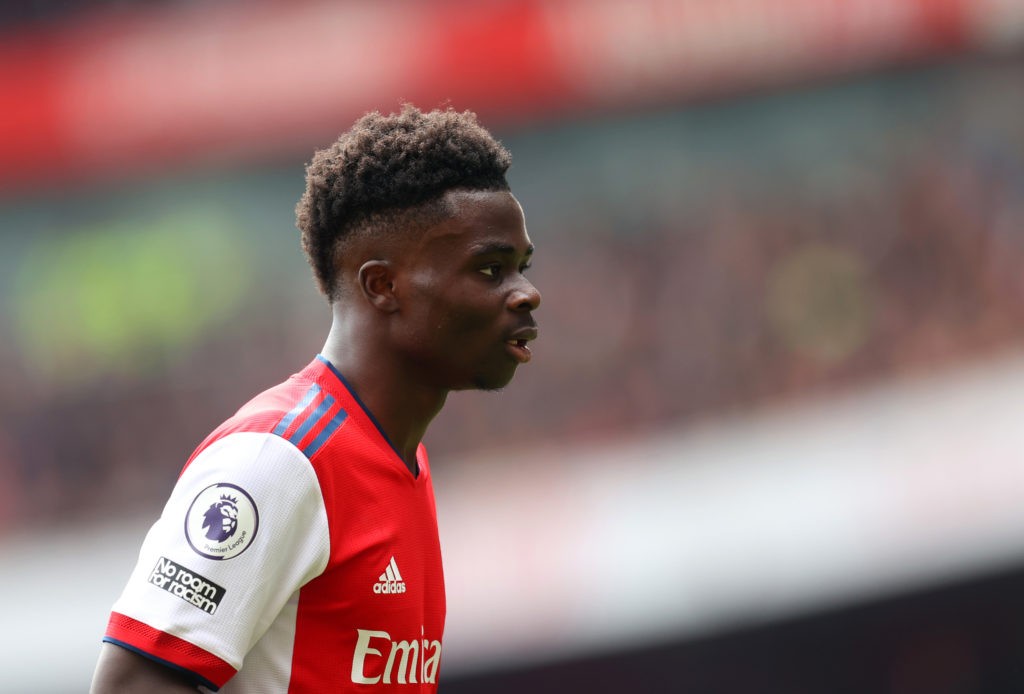 LONDON, ENGLAND: Bukayo Saka of Arsenal during the Premier League match between Arsenal and Manchester United at Emirates Stadium on April 23, 2022. (Photo by Catherine Ivill/Getty Images)