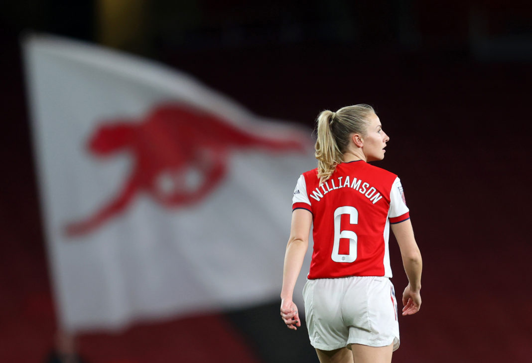 LONDON, ENGLAND - MAY 04: Leah Williamson of Arsenal during the Barclays FA Women's Super League match between Arsenal Women and Tottenham Hotspur Women at Emirates Stadium on May 04, 2022 in London, England. (Photo by Catherine Ivill/Getty Images)