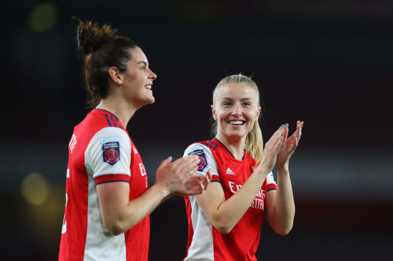 LONDON, ENGLAND - MAY 04: Leah Williamson of Arsenal applauds the fans after the Barclays FA Women's Super League match between Arsenal Women and Tottenham Hotspur Women at Emirates Stadium on May 04, 2022 in London, England. (Photo by Catherine Ivill/Getty Images)
