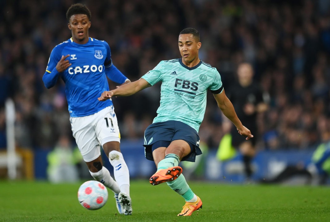 LIVERPOOL, ENGLAND: Youri Tielemans of Leicester City makes a pass whilst under pressure from Demarai Gray of Everton during the Premier League match between Everton and Leicester City at Goodison Park on April 20, 2022. (Photo by Michael Regan/Getty Images)