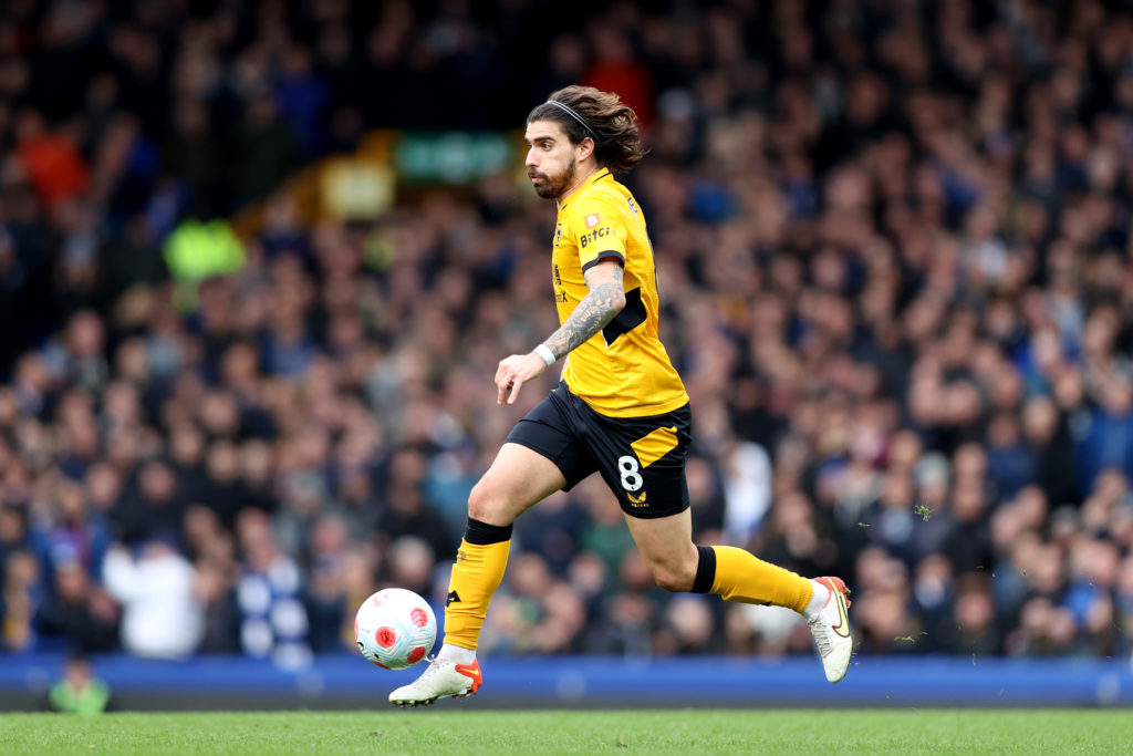LIVERPOOL, ENGLAND: Ruben Neves of Wolverhampton Wanderers in action during the Premier League match between Everton and Wolverhampton Wanderers at Goodison Park on March 13, 2022. (Photo by Naomi Baker/Getty Images)