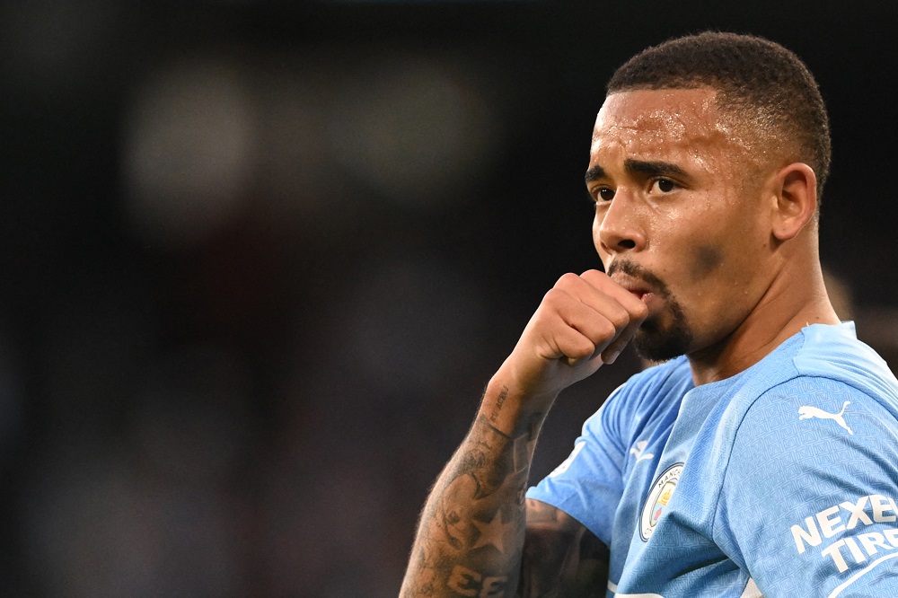 Manchester City's Brazilian striker Gabriel Jesus celebrates after scoring his team's second goal during the UEFA Champions League semi-final first leg football match between Manchester City and Real Madrid, at the Etihad Stadium, in Manchester, on April 26, 2022. (Photo by PAUL ELLIS/AFP via Getty Images)
