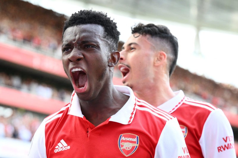 Arsenal's English striker Eddie Nketiah celebrates with Arsenal's Brazilian striker Gabriel Martinelli (back) after scoring his team's second goal during the English Premier League football match between Arsenal and Everton at the Emirates Stadium in London on May 22, 2022. - (Photo by DANIEL LEAL/AFP via Getty Images)