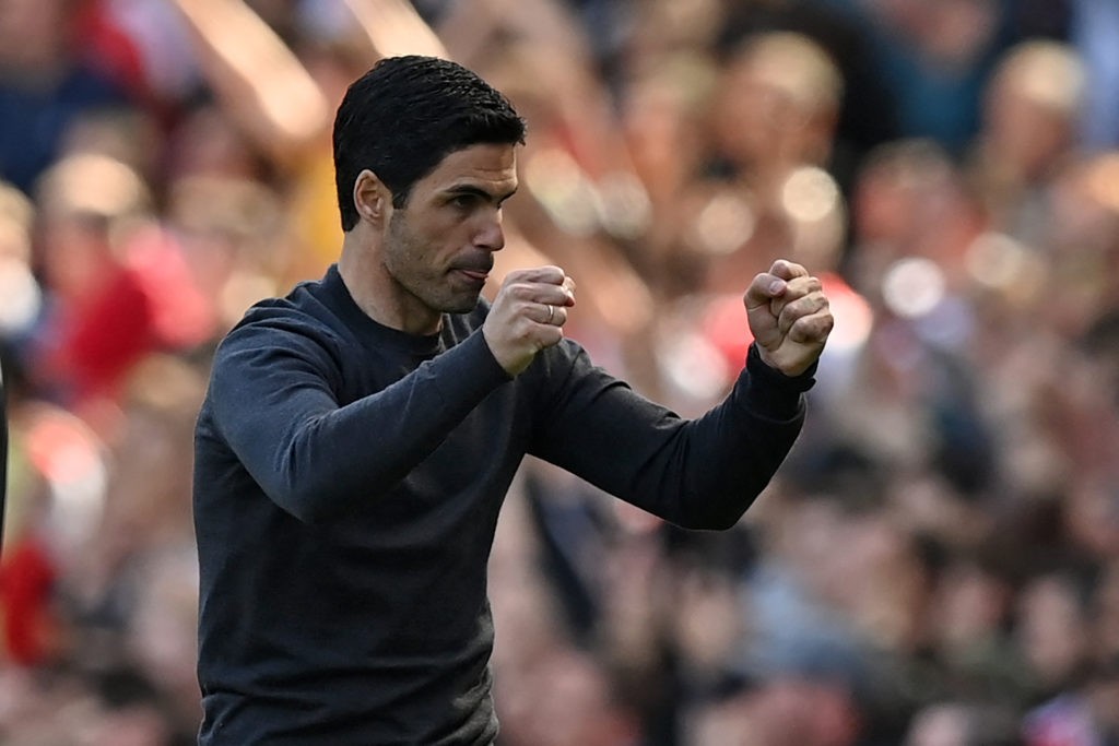 Arsenal's Spanish manager Mikel Arteta celebrates on the final whistle in the English Premier League football match between Arsenal and Leeds United at the Emirates Stadium in London on May 8, 2022. - Arsenal won the game 2-1. (Photo by GLYN KIRK/AFP via Getty Images)