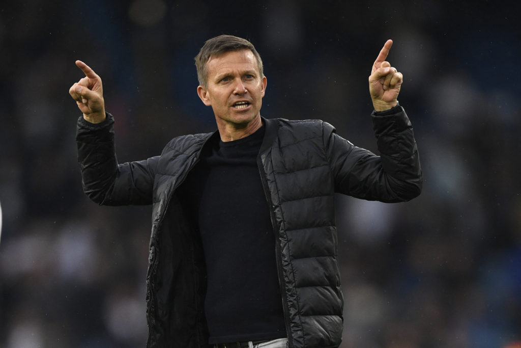 Leeds United's US head coach Jesse Marsch gestures to supporters on the pitch after the English Premier League football match between Leeds United and Manchester City at Elland Road in Leeds, northern England on April 30, 2022. (Photo by OLI SCARFF/AFP via Getty Images)