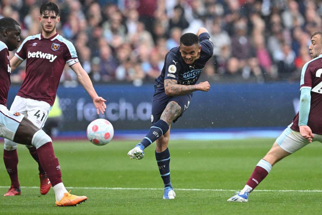 Manchester City's Brazilian striker Gabriel Jesus kicks the ball during the English Premier League football match between West Ham United and Manchester City at the London Stadium, in London on May 15, 2022. (Photo by JUSTIN TALLIS/AFP via Getty Images)