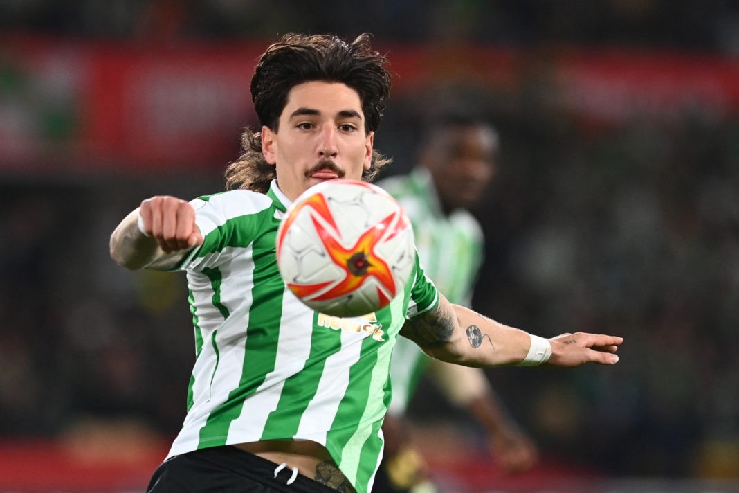 Real Betis' Spanish defender Hector Bellerin controls the ball during the Spanish Copa del Rey (King's Cup) final football match between Real Betis and Valencia CF at La Cartuja Stadium in Seville, on April 23, 2022. (Photo by JORGE GUERRERO/AFP via Getty Images)