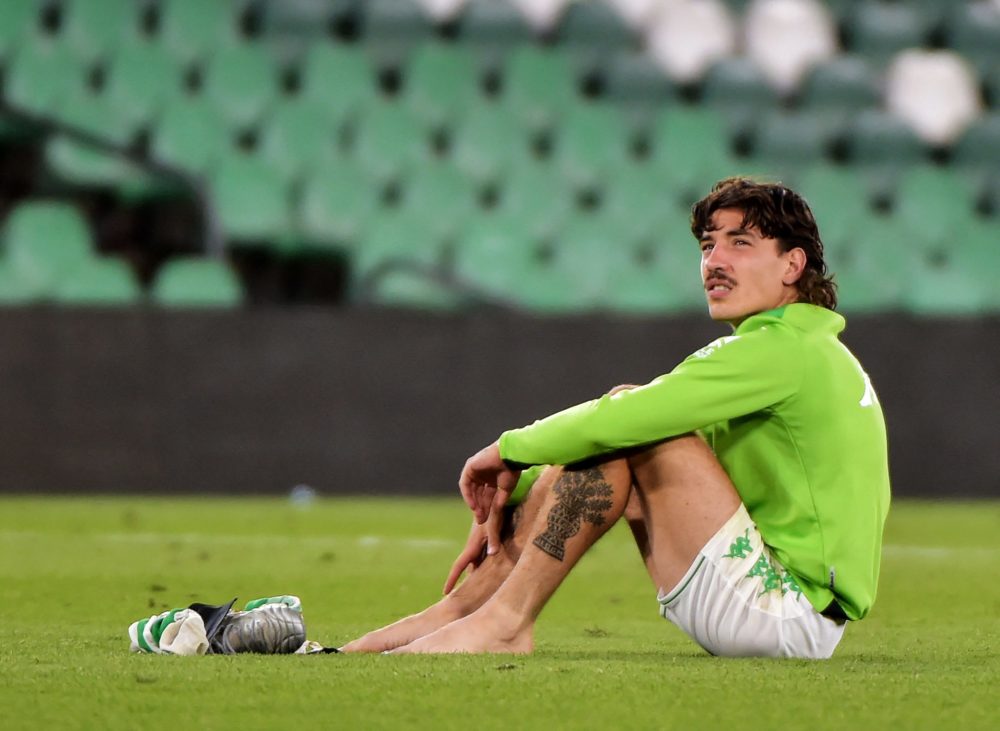Real Betis' Spanish defender Hector Bellerin reacts while sitting on the pitch at the end of the Spanish league football match between Real Betis and Granada FC at the Benito Villamarin stadium in Seville, on May 15, 2022. (Photo by CRISTINA QUICLER/AFP via Getty Images)