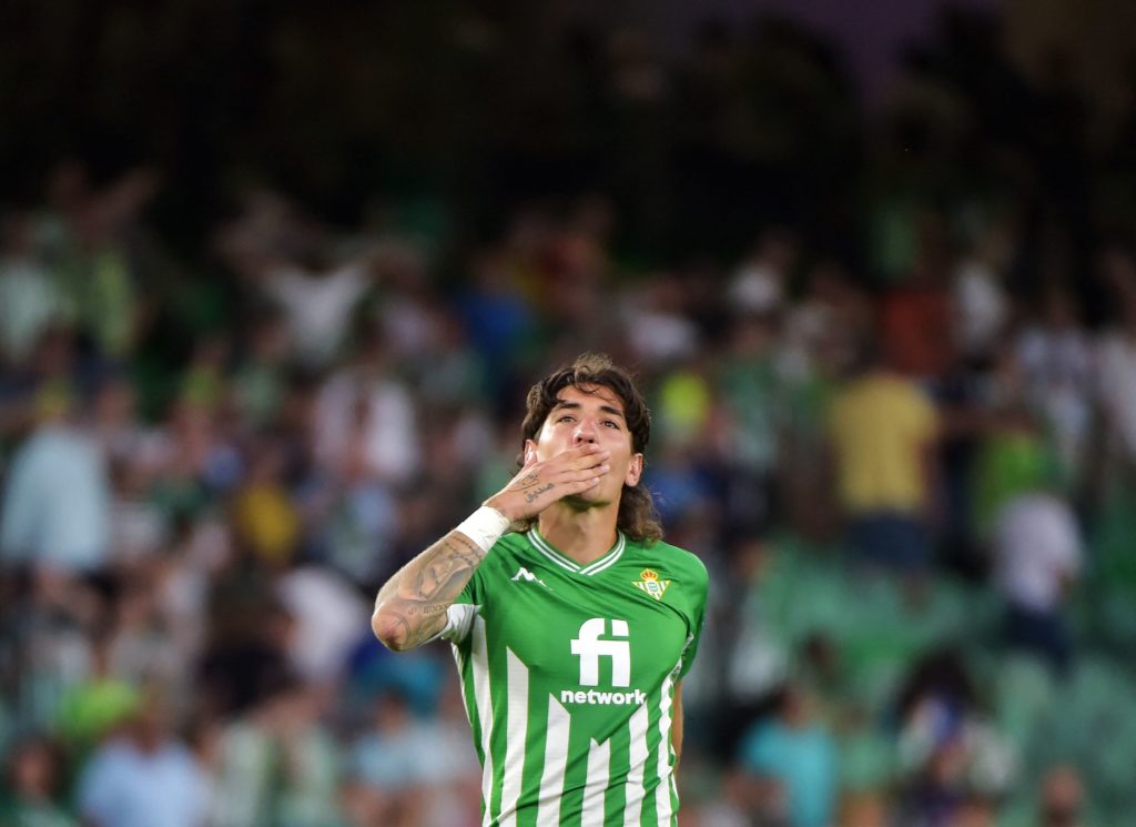 Real Betis' Spanish defender Hector Bellerin cries as he gestures to supporters at the end of the Spanish league football match between Real Betis and Granada FC at the Benito Villamarin stadium in Seville, on May 15, 2022. (Photo by CRISTINA QUICLER/AFP via Getty Images)