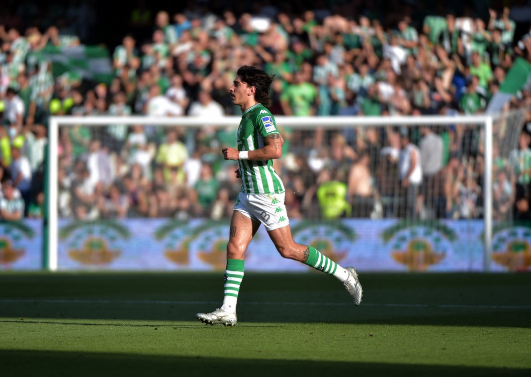 Real Betis' Spanish defender Hector Bellerin runs on the pitch during the Spanish league football match between Real Betis and Granada FC at the Benito Villamarin stadium in Seville, on May 15, 2022. (Photo by CRISTINA QUICLER/AFP via Getty Images)