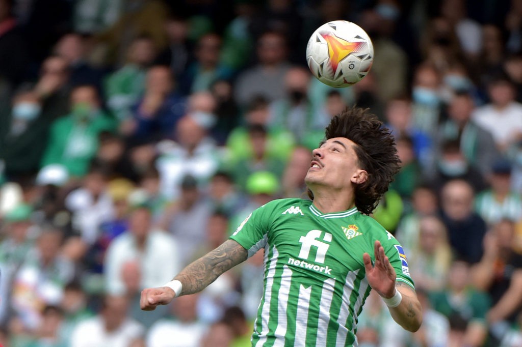 Real Betis' Spanish defender Hector Bellerin heads the ball during the Spanish League football match between Real Betis and CA Osasuna at the Benito Villamarin stadium in Seville on April 3, 2022. (Photo by CRISTINA QUICLER/AFP via Getty Images)