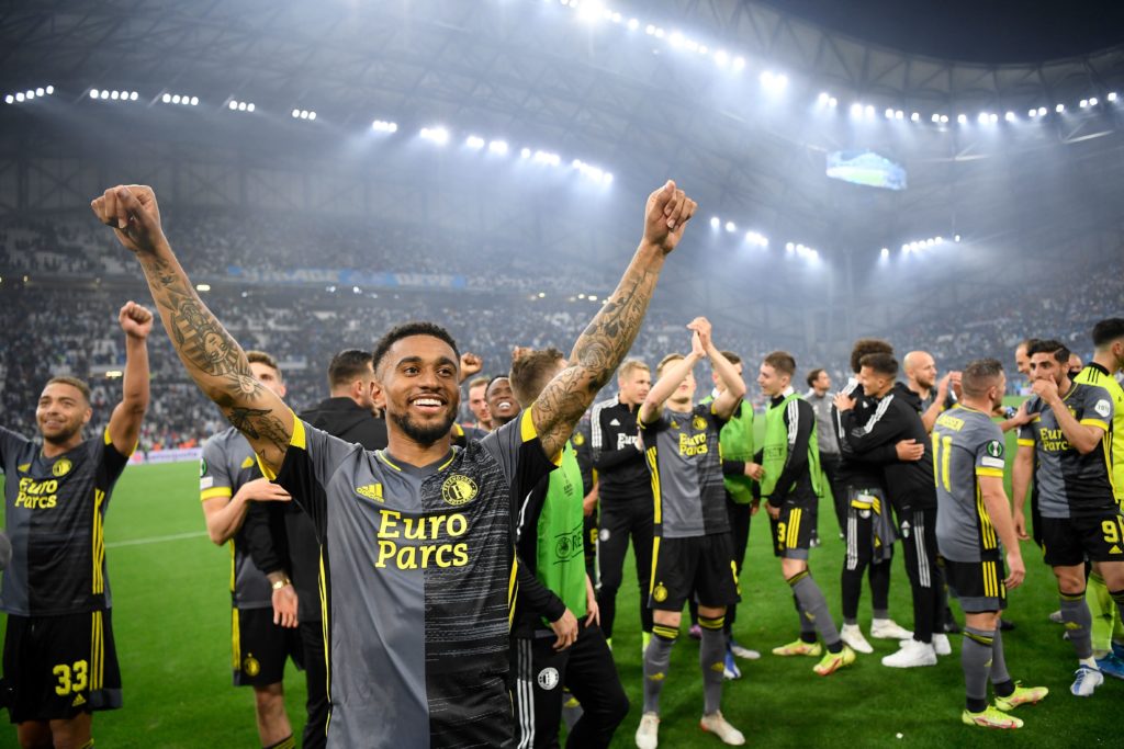 Feyenoord's Reiss Nelson (FrontL) celebrates after winning the UEFA Europa Conference League semi-final second leg football match between Olympique de Marseille (OM) and Feyenoord Rotterdam, at the Velodrome Stadium in Marseille, on May 5, 2022. (Photo by NICOLAS TUCAT/AFP via Getty Images)