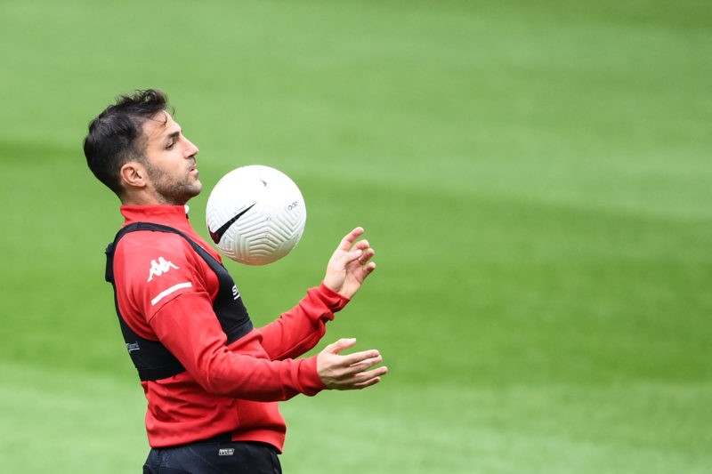 Monaco's Spanish midfielder Francesc Fabregas Soler controls the ball as he takes part in a training session at the Stade de France stadium, in Saint-Denis, on the outskirts of Paris, on May 18, 2021 on the eve of the French Cup final between Paris Saint-Germain and Monaco. (Photo by FRANCK FIFE/AFP via Getty Images)
