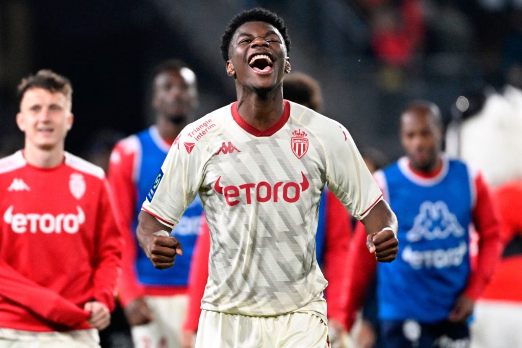 Monaco's French midfielder Aurelien Tchouameni celebrates after winning the French L1 football match between Stade Rennais and Monaco (ASM) at the Roazhon Park stadium in Rennes, on April 15, 2022. (Photo by DAMIEN MEYER/AFP via Getty Images)