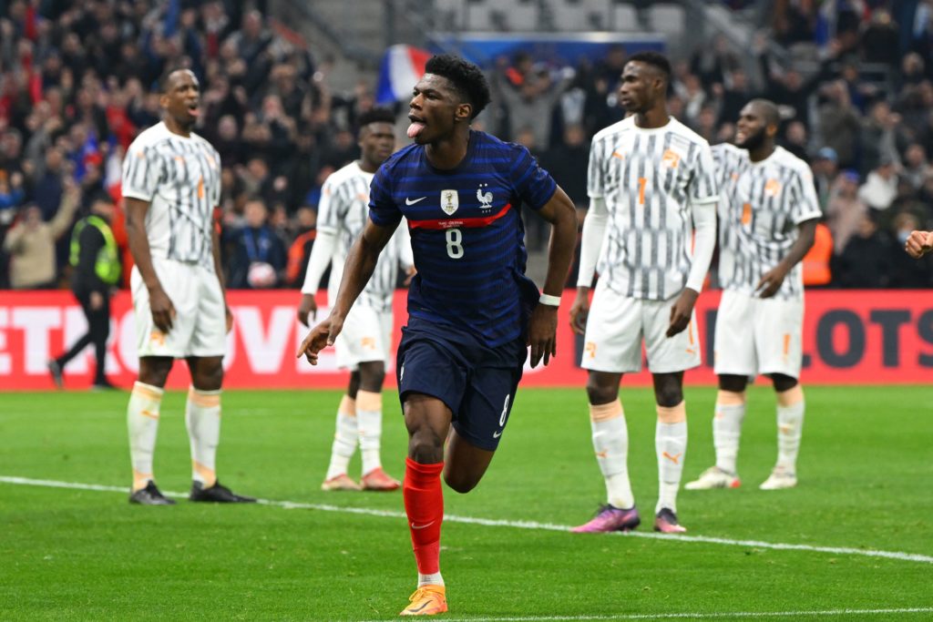 France's midfielder Aurelien Tchouameni celebrates after scoring a goal during the friendly football match between France and Ivory Coast at the Velodrome stadium in Marseille, southern France, on March 25, 2022. (Photo by NICOLAS TUCAT/AFP via Getty Images)