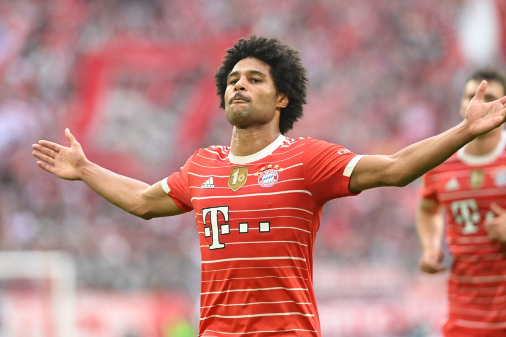 Bayern Munich's German midfielder Serge Gnabry celebrates the 1-1 own goal during the German first division Bundesliga football match between FC Bayern Munich and VfB Stuttgart in Munich, southern Germany on May 8, 2022.(Photo by KERSTIN JOENSSON/AFP via Getty Images)