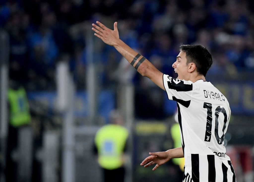 Juventus' Argentine forward Paulo Dybala reacts during the Italian Cup (Coppa Italia) final football match between Juventus and Inter on May 11, 2022, at the Olympic stadium in Rome. (Photo by FILIPPO MONTEFORTE/AFP via Getty Images)