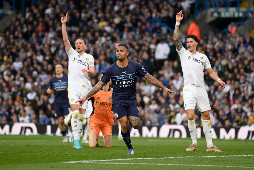LEEDS, ENGLAND: Gabriel Jesus of Manchester City celebrates after scoring his side's third goal during the Premier League match between Leeds United and Manchester City at Elland Road on April 30, 2022. (Photo by Michael Regan/Getty Images)