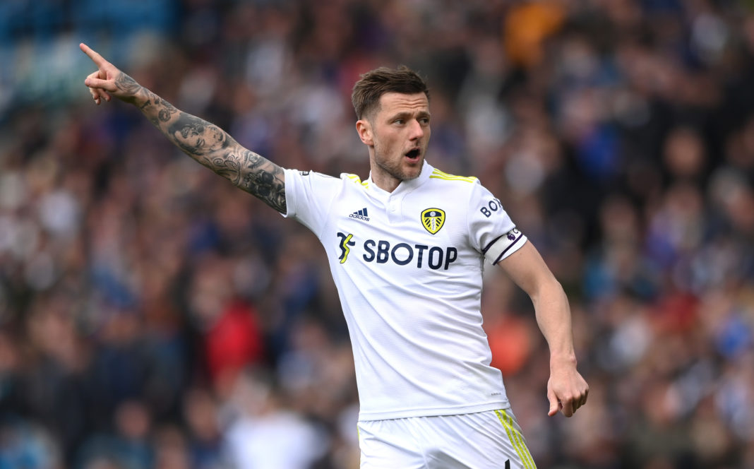 LEEDS, ENGLAND: Leeds United captain Liam Cooper reacts on his return to the side during the Premier League match between Leeds United and Southampton at Elland Road on April 02, 2022. (Photo by Stu Forster/Getty Images)