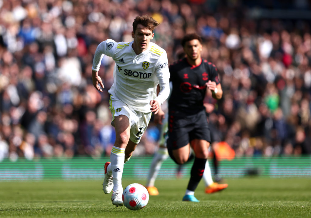 LEEDS, ENGLAND: Diego Llorente of Leeds United on the ball during the Premier League match between Leeds United and Southampton at Elland Road on April 02, 2022. (Photo by Marc Atkins/Getty Images)