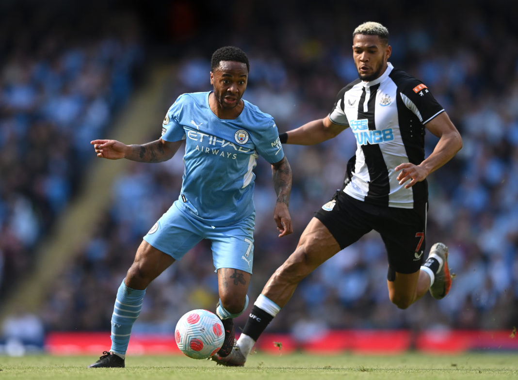 MANCHESTER, ENGLAND: Manchester City player Raheem Sterling in action during the Premier League match between Manchester City and Newcastle United at Etihad Stadium on May 08, 2022. (Photo by Stu Forster/Getty Images)
