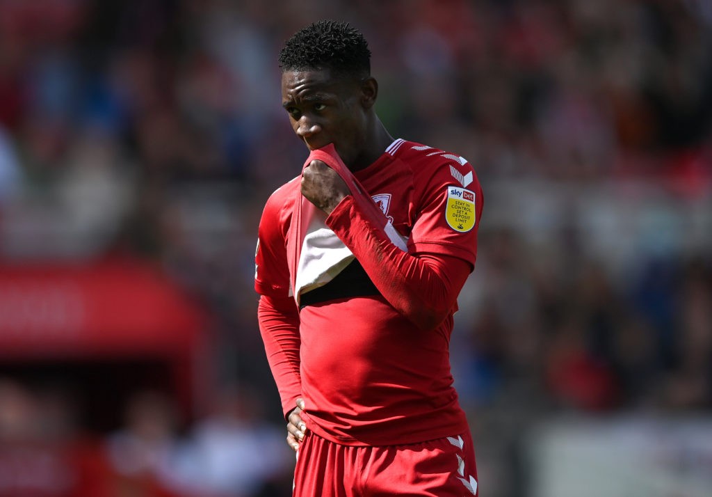 MIDDLESBROUGH, ENGLAND: Middlesbrough player Folarin Balogun reacts dejectedly during the Sky Bet Championship match between Middlesbrough and Huddersfield Town at Riverside Stadium on April 18, 2022. (Photo by Stu Forster/Getty Images)