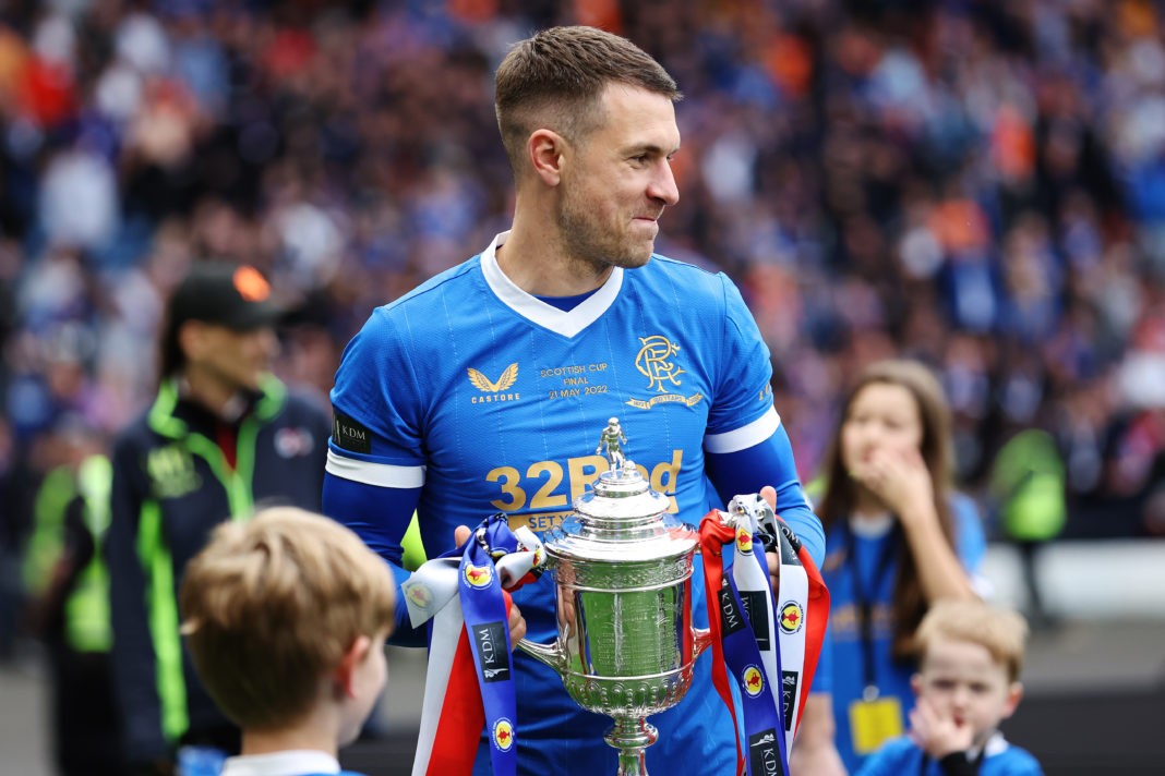 GLASGOW, SCOTLAND: Aaron Ramsey of Rangers celebrates with the Scottish Cup trophy following victory in the Scottish Cup Final match between Rangers and Heart of Midlothian at Hampden Park on May 21, 2022. (Photo by Ian MacNicol/Getty Images)