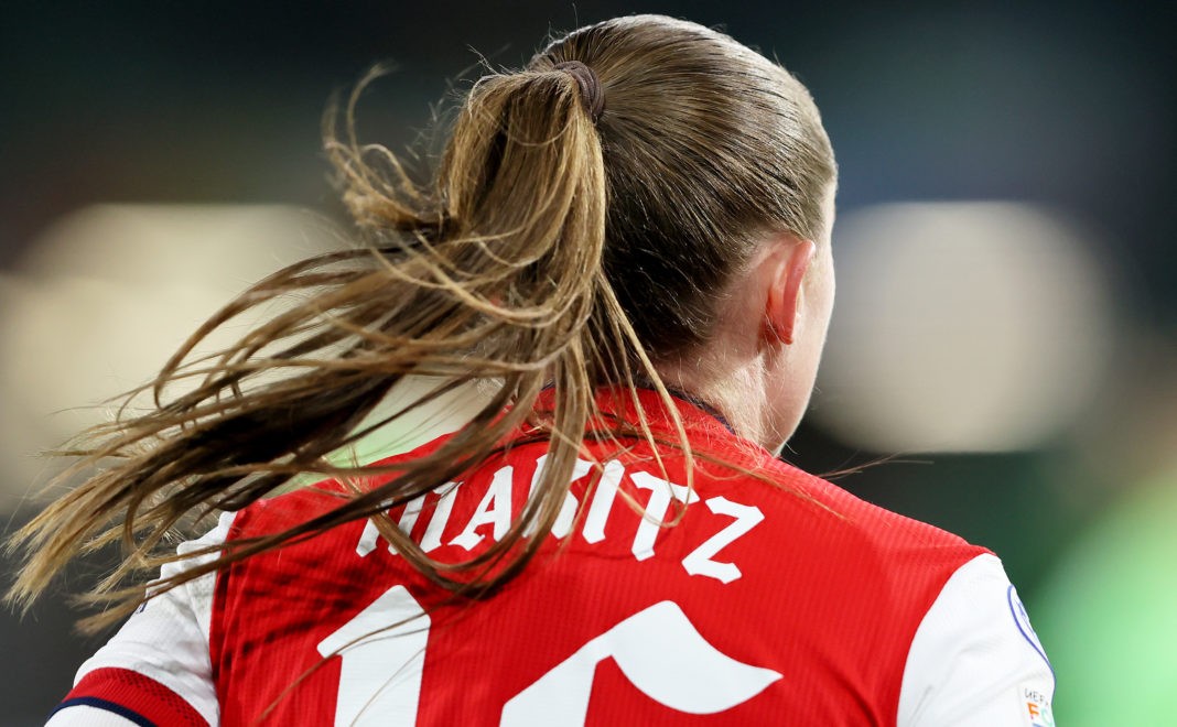 WOLFSBURG, GERMANY - MARCH 31: Noelle Maritz of Arsenal WFC looks on uring the UEFA Women's Champions League Quarter Final Second Leg match between VfL Wolfsburg and Arsenal WFC at on March 31, 2022 in Wolfsburg, Germany. (Photo by Martin Rose/Getty Images)