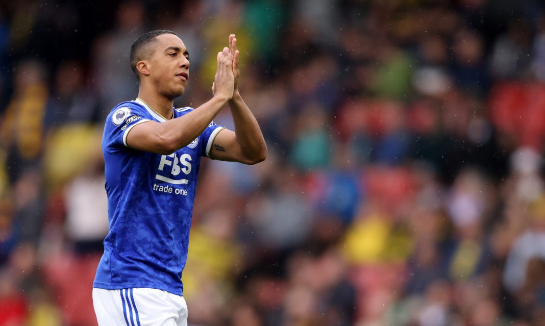 WATFORD, ENGLAND: Youri Tielemans of Leicester City applauds the fans during the Premier League match between Watford and Leicester City at Vicarage Road on May 15, 2022. (Photo by Paul Harding/Getty Images)