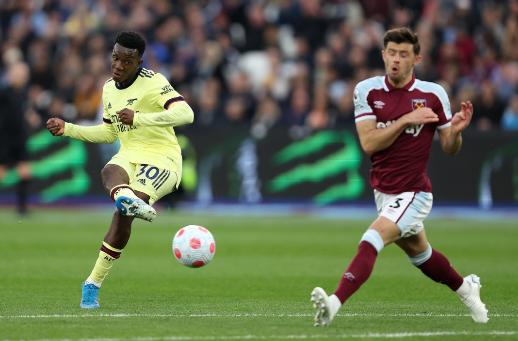 LONDON, ENGLAND: Eddie Nketiah of Arsenal shoots at goal during the Premier League match between West Ham United and Arsenal at London Stadium on May 01, 2022. (Photo by Julian Finney/Getty Images)