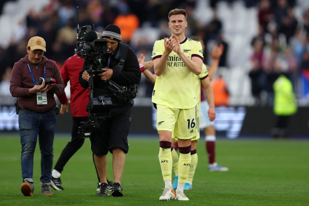 LONDON, ENGLAND: Rob Holding of Arsenal applauds their fans after the final whistle of the Premier League match between West Ham United and Arsenal at London Stadium on May 01, 2022. (Photo by Julian Finney/Getty Images)