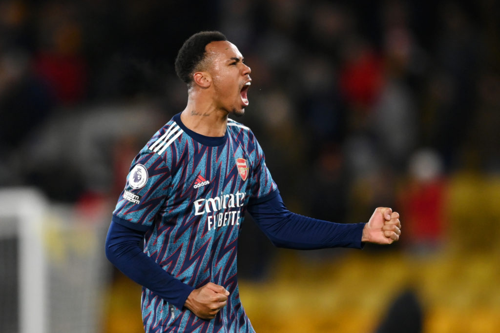 WOLVERHAMPTON, ENGLAND: Gabriel Magalhaes of Arsenal celebrates following their side's victory in the Premier League match between Wolverhampton Wanderers and Arsenal at Molineux on February 10, 2022. (Photo by Clive Mason/Getty Images)