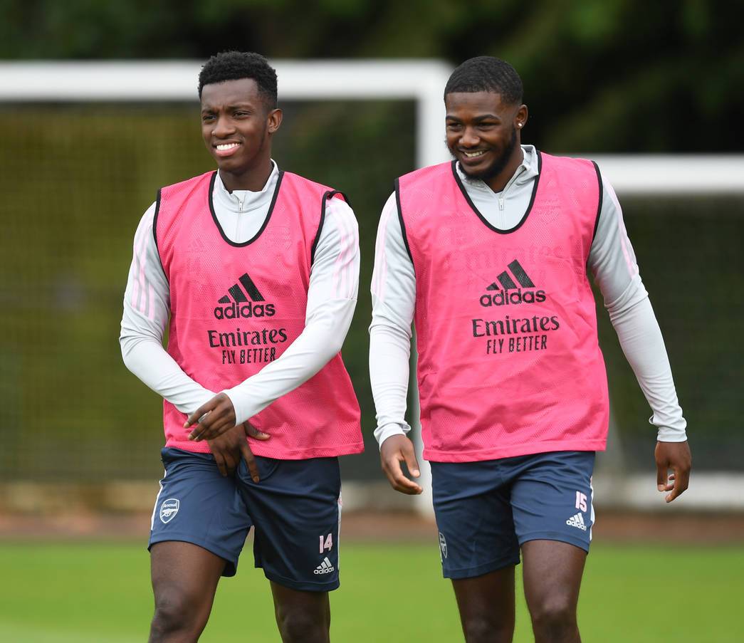Eddie Nketiah and Ainsley Maitland-Niles in pre-season training (Photo via Arsenal.com)